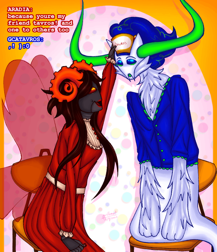 A drawing of Aradia and Gcatavrosprite, who are both in their 20s in human years.